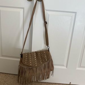 Nude/tan rhinestone studded fringe crossbody bag